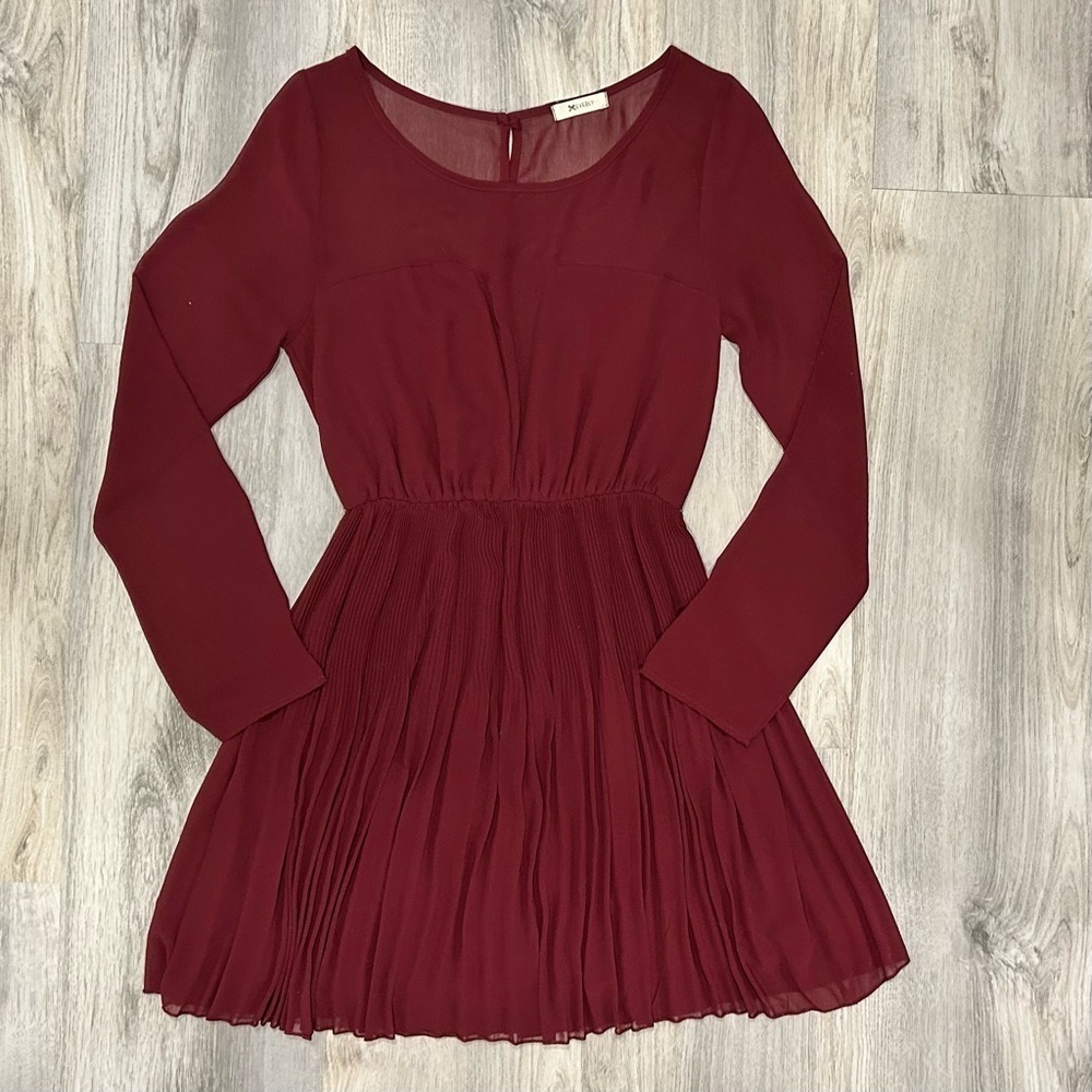Everly Maroon Red Formal Chiffon A-Line Long Sheer Sleeve Mini Dress Size S